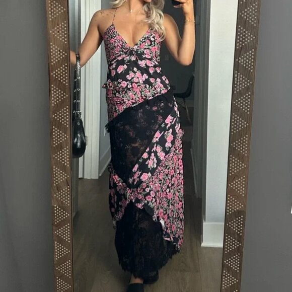 $315 NEW For Love and Lemons Rosalyn Maxi Dress in Black and Pink - Picture 2 of 5